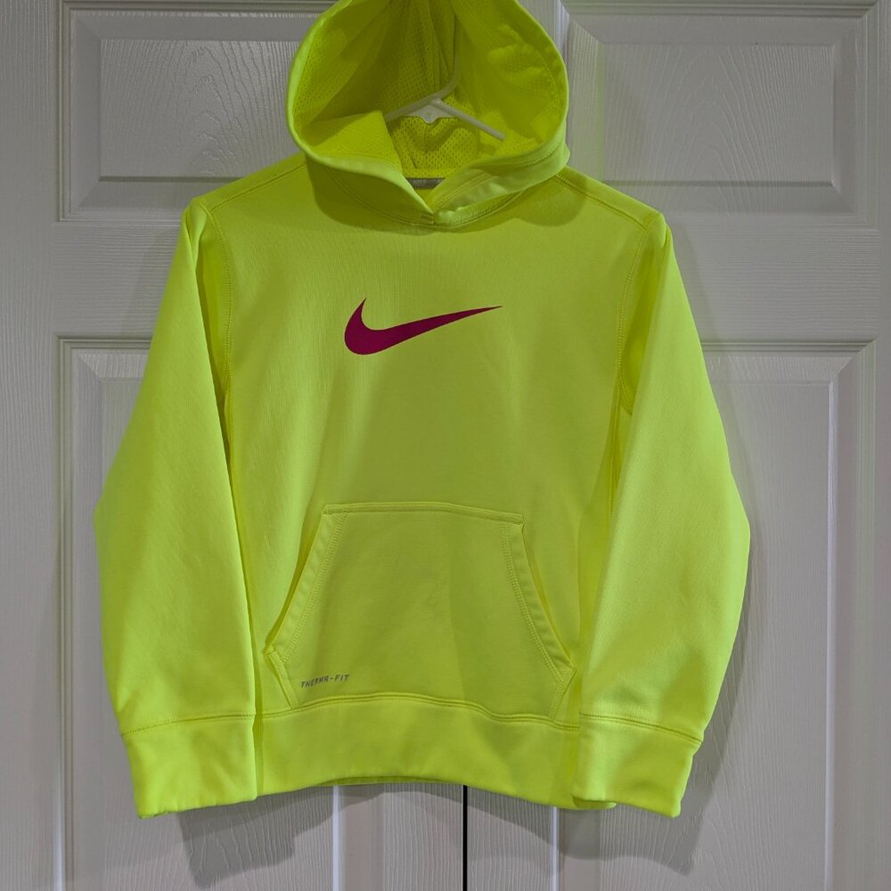 Nike Kids Pullover Hoodie Size Medium, Neon Green, Pink Swoosh, Therma-Fit - Picture 2 of 16
